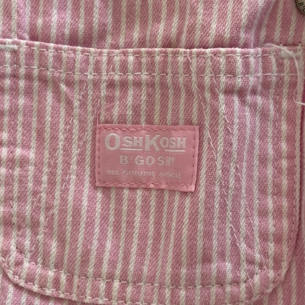 VTG Oshkosh Bgosh Baby Pink White Child Conductor Stripe Overall Dress Size 18M
